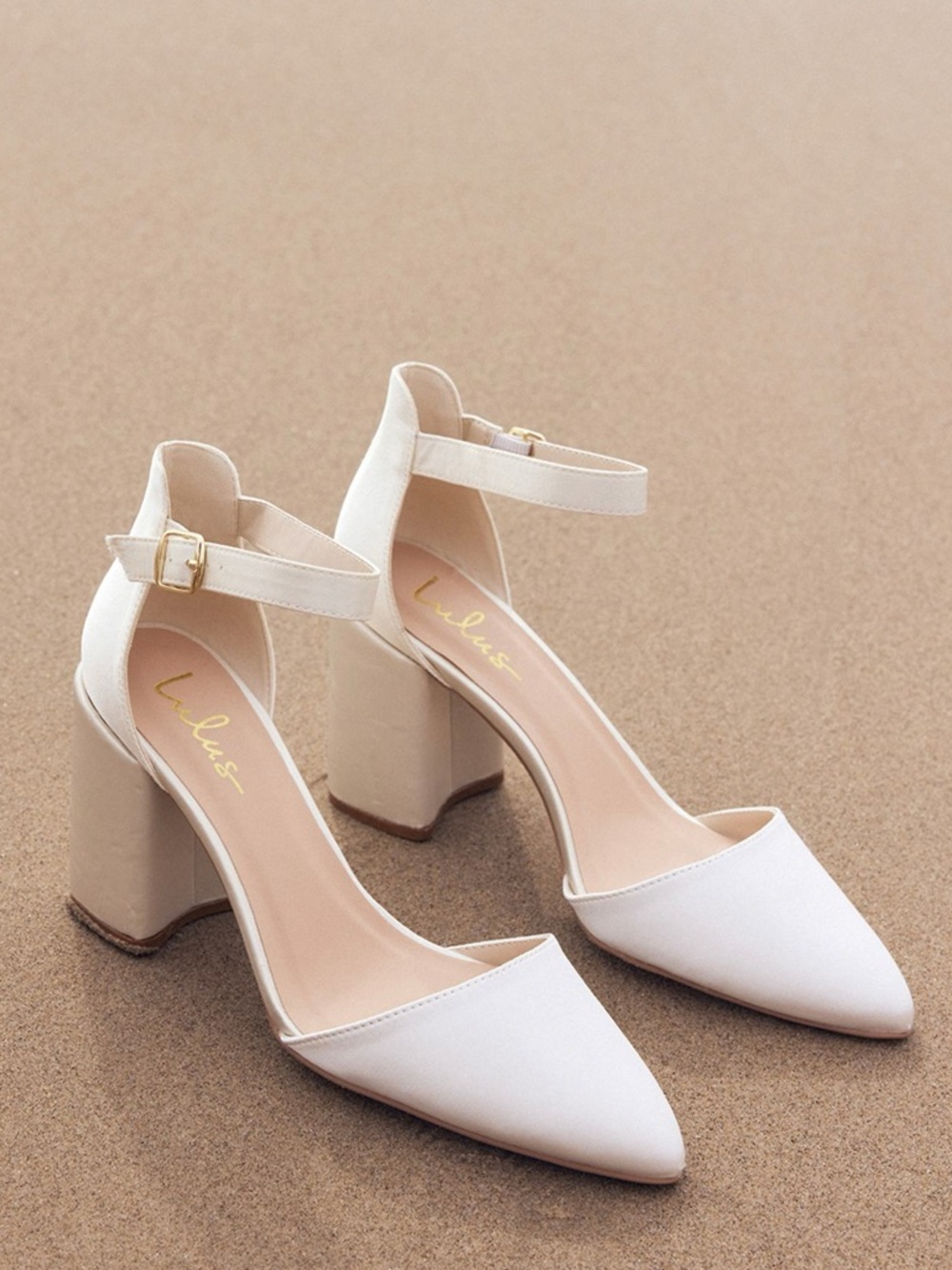 Lulu's White Pointed Block Heel Ankle-Strap Pumps